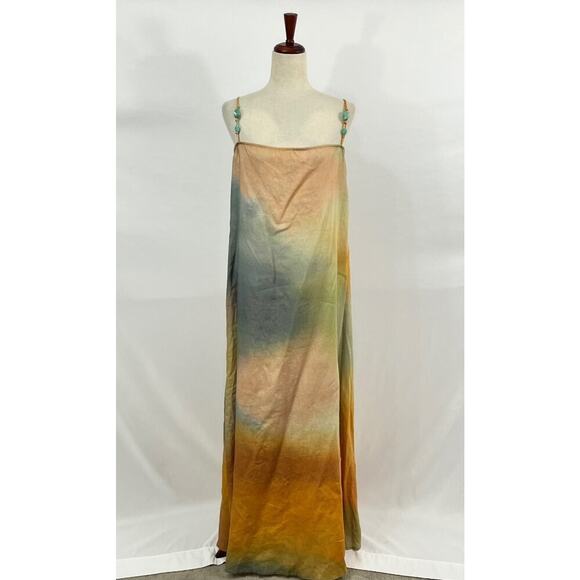 STAUD Sz L Large Laura Linen Dress Pastel Clouds Maxi Beaded Straps NWT - Picture 8 of 12